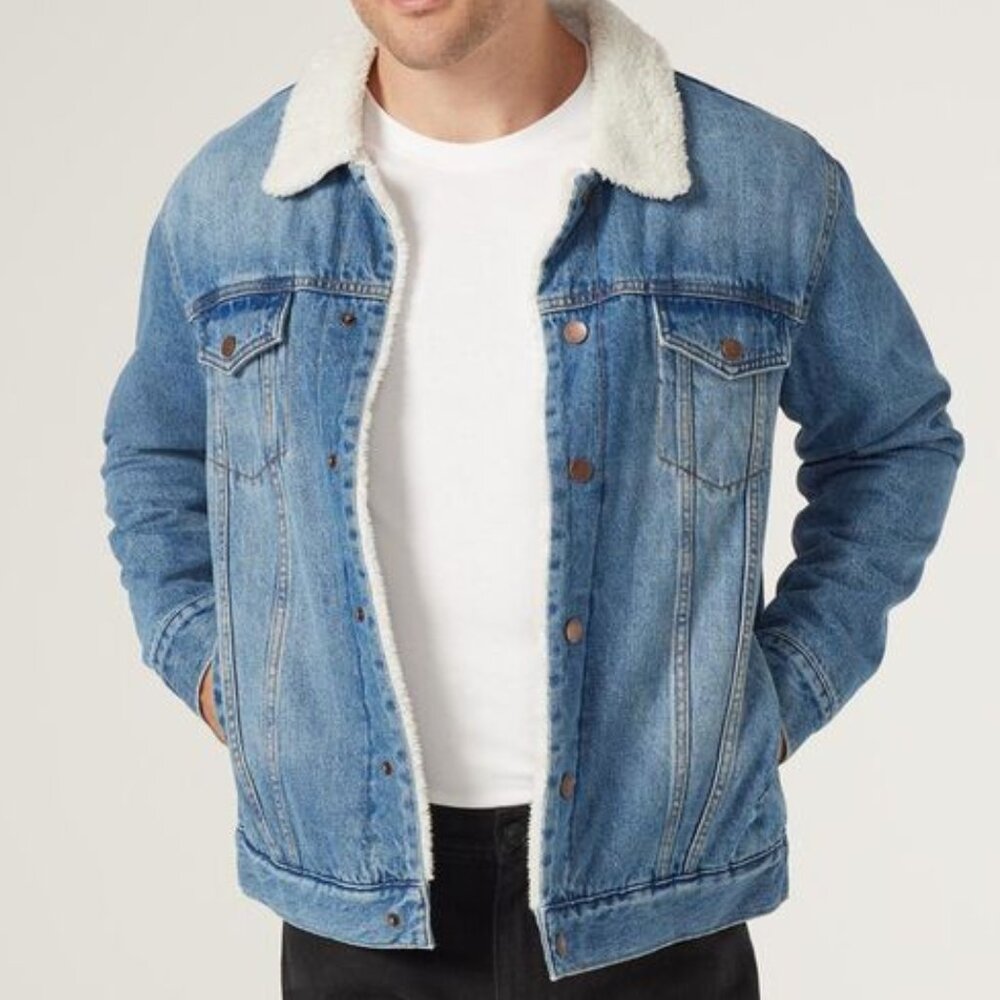 - SUNRISE KINGDOM Men's Jacket Weathered Sherpa Lined Jeans Sz L Blue